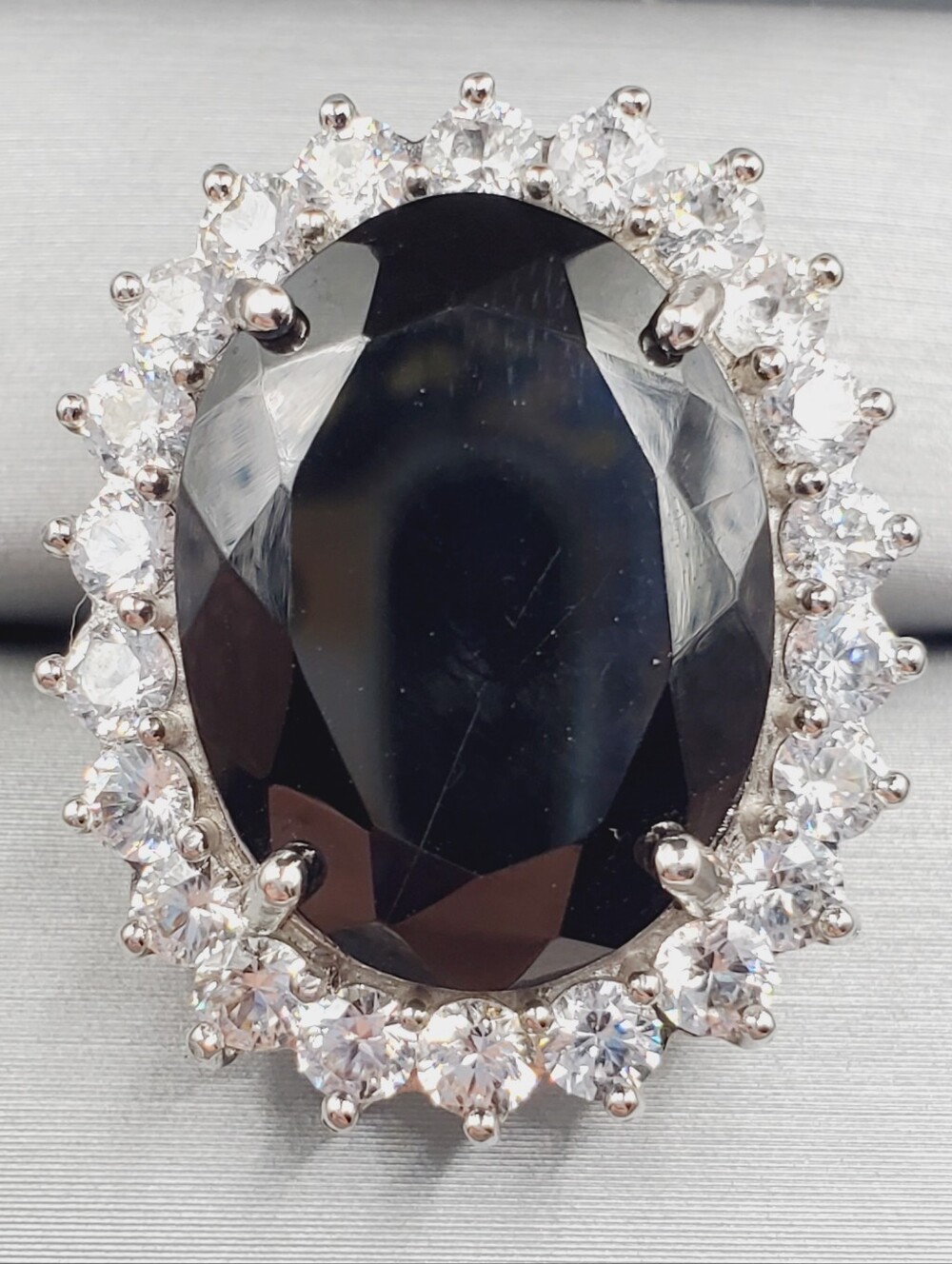 15 Carat Oval Thai Black Spinel & White Zircon Halo Platinum |  925 Silver Ring